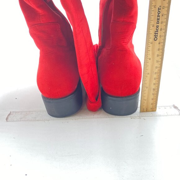 Red Almond Toe Knee High Boots with Partial Zipper Stretchy Dressy Long Boot - Picture 5 of 7